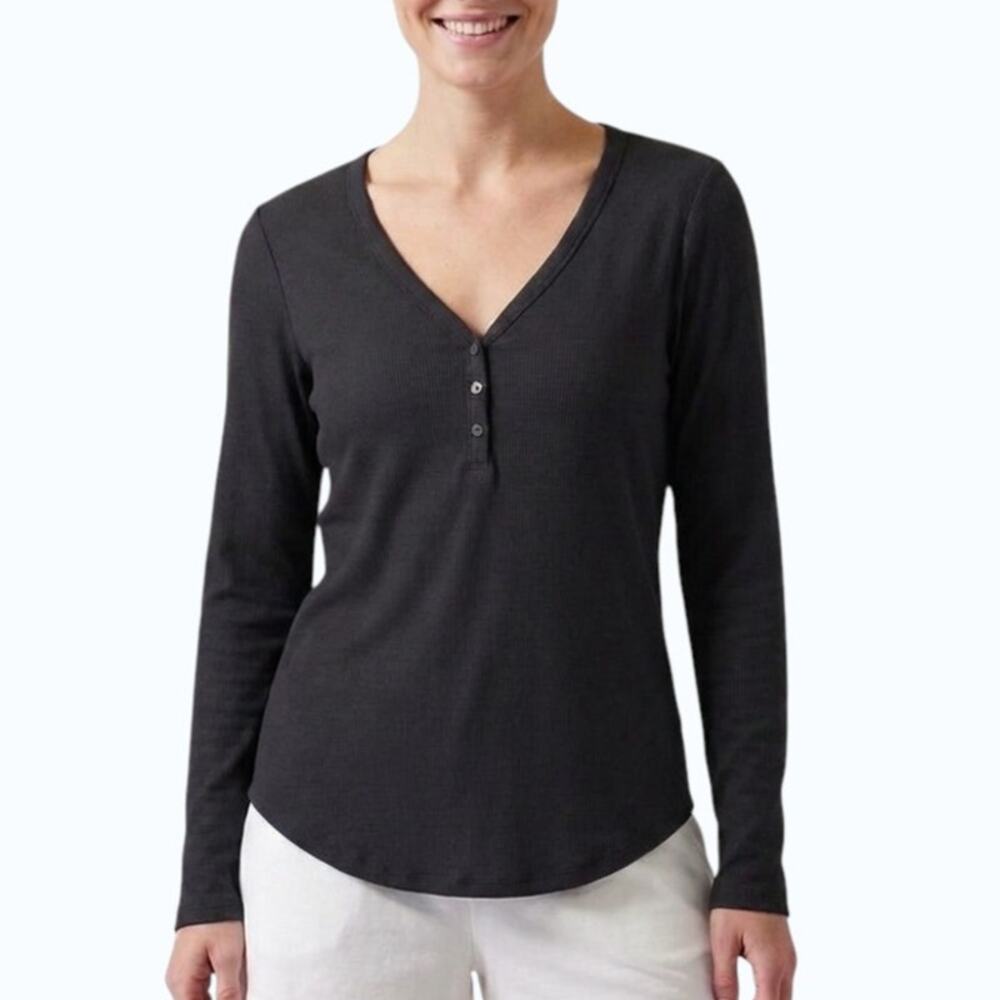 Athleta Wind Down Sleep Top Black Ribbed Henley Women Size L NWT